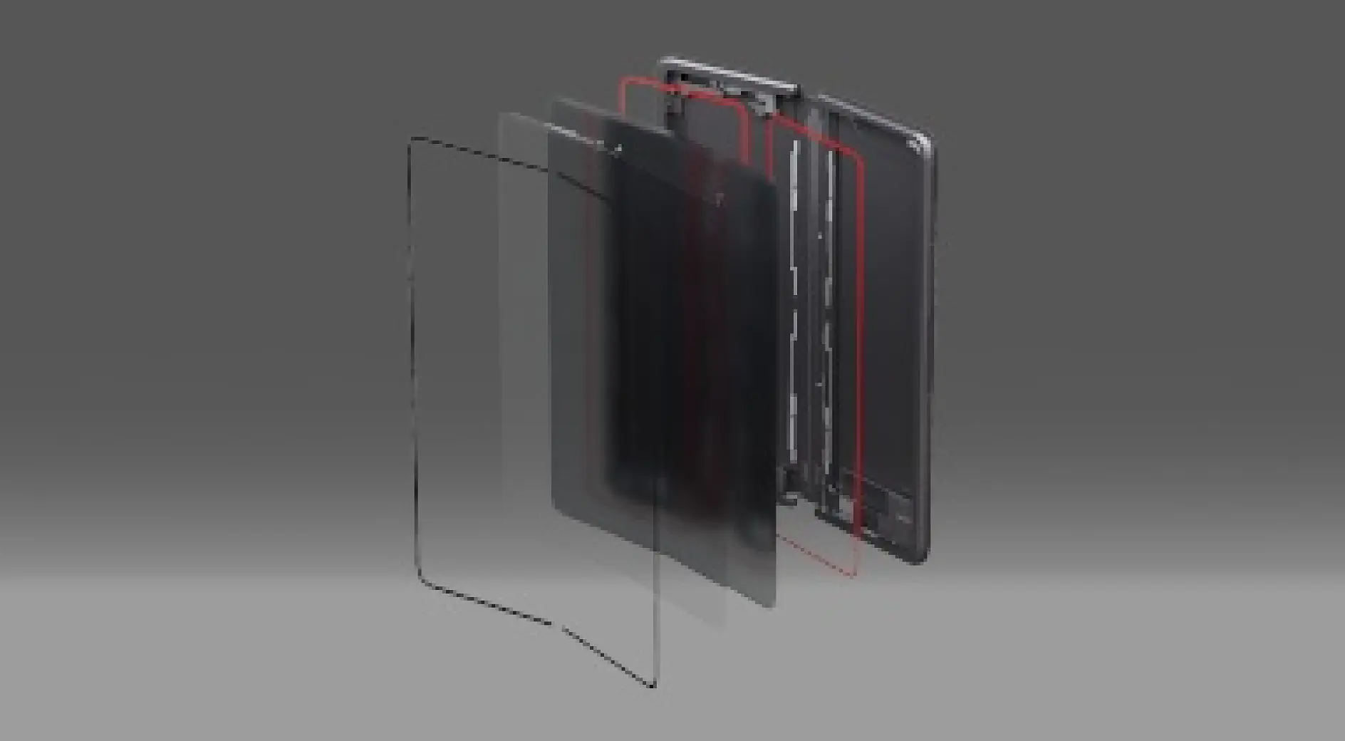 Exploded view of a smartphone with multiple layers. The layers include a glass screen, two translucent layers, a red-bordered interior component, and a black back panel. These layers are separated and secured using tesa tape, all aligned against a gray gradient background. (This text has been generated by AI)