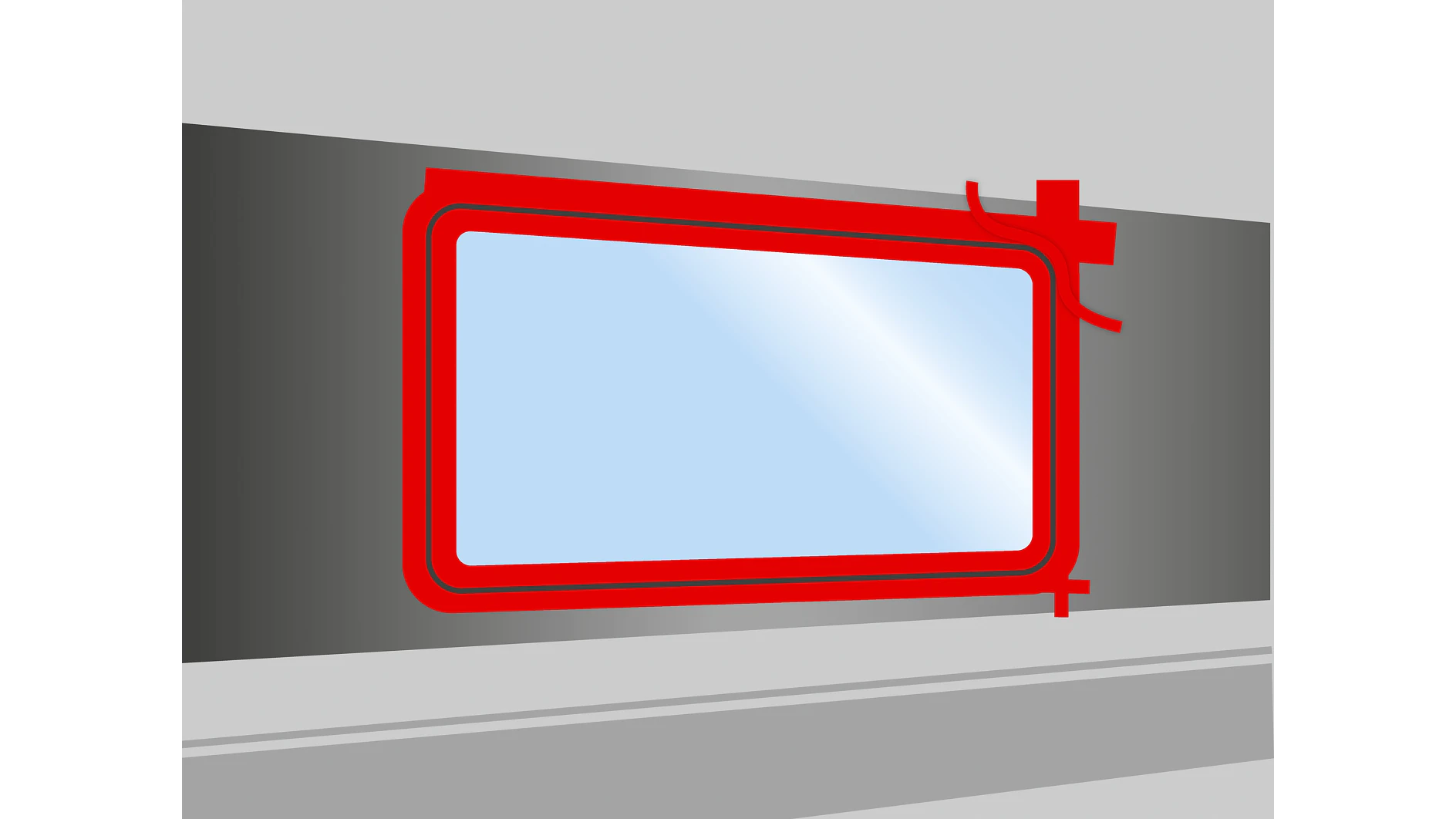 A rectangular red-bordered mirror with a stylized design is mounted on a gray wall using tesa tape. The mirror reflects a light blue hue, suggesting a source of light in its vicinity. The wall has two horizontal ledges beneath the mirror. (This text has been generated by AI)