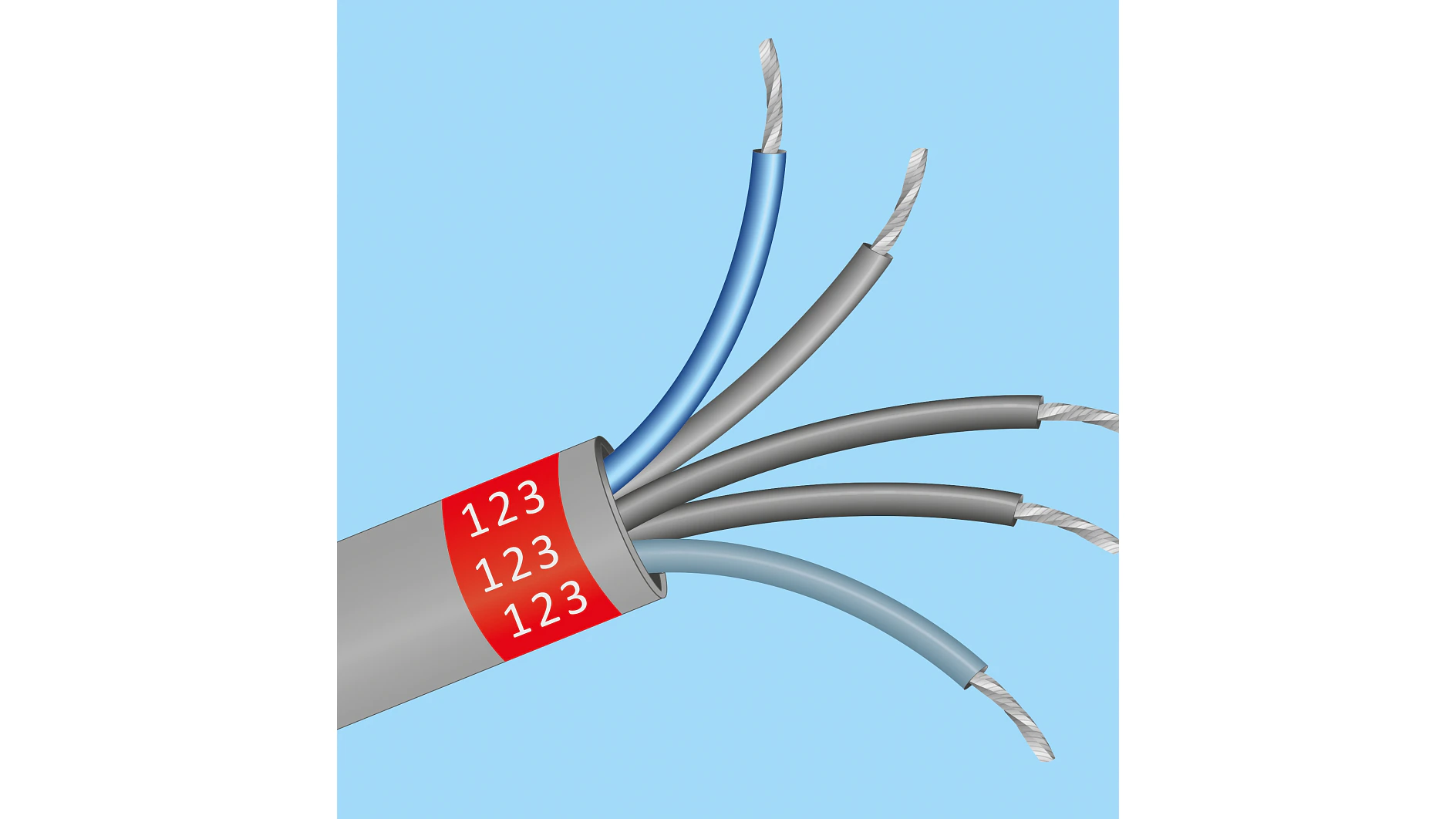 A cut-open cable with five exposed wires on a light blue background. Three wires are gray, and two are blue, all with metallic ends. The outer sheath is wrapped in tesa tape with a red label marked 123 in white, repeated three times. (This text has been generated by AI)