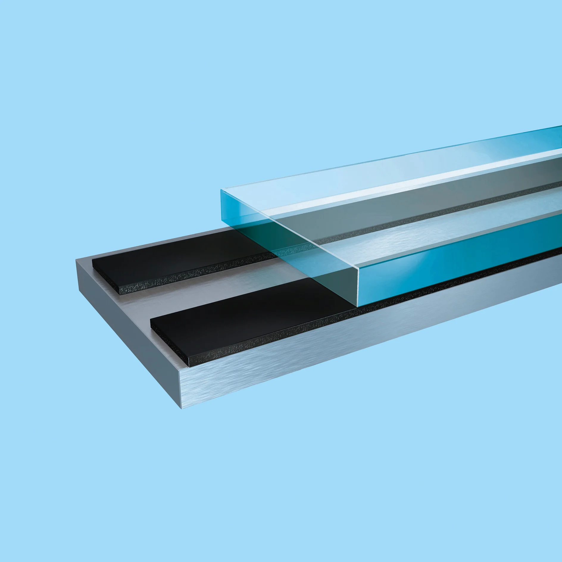 Three flat, rectangular panels rest parallel to each other on a light blue background. From top to bottom, they appear to be a transparent glass pane secured with tesa tape, a dark glossy panel held in place by tesa tape, and a metallic silver panel fastened using tesa tape. (This text has been generated by AI)
