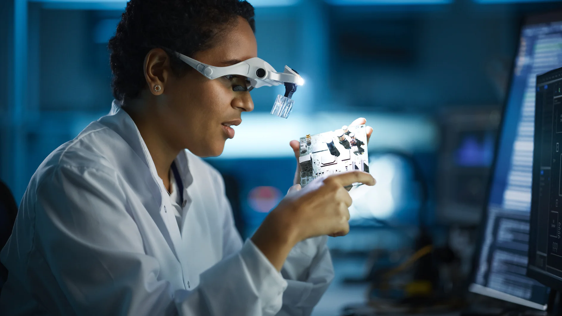 A person in a lab coat works in a laboratory, examining a circuit board with augmented reality glasses. Various types of tesa tape are used to secure components on the desk where they are seated. A computer monitor displaying data can be seen in the background. (This text has been generated by AI)