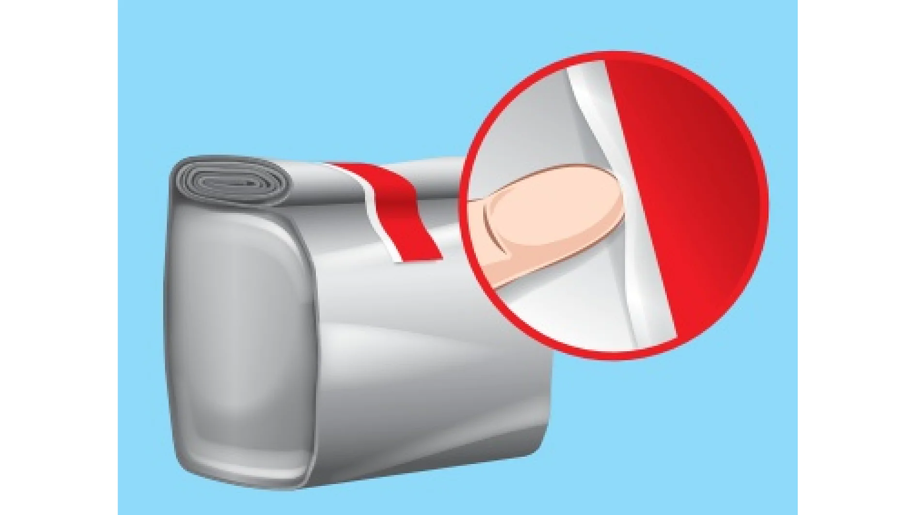 Illustration of a sealed package with a red tesa tape pull-tab. A close-up shows a finger lifting the tab to open the package. The background is light blue. (This text has been generated by AI)
