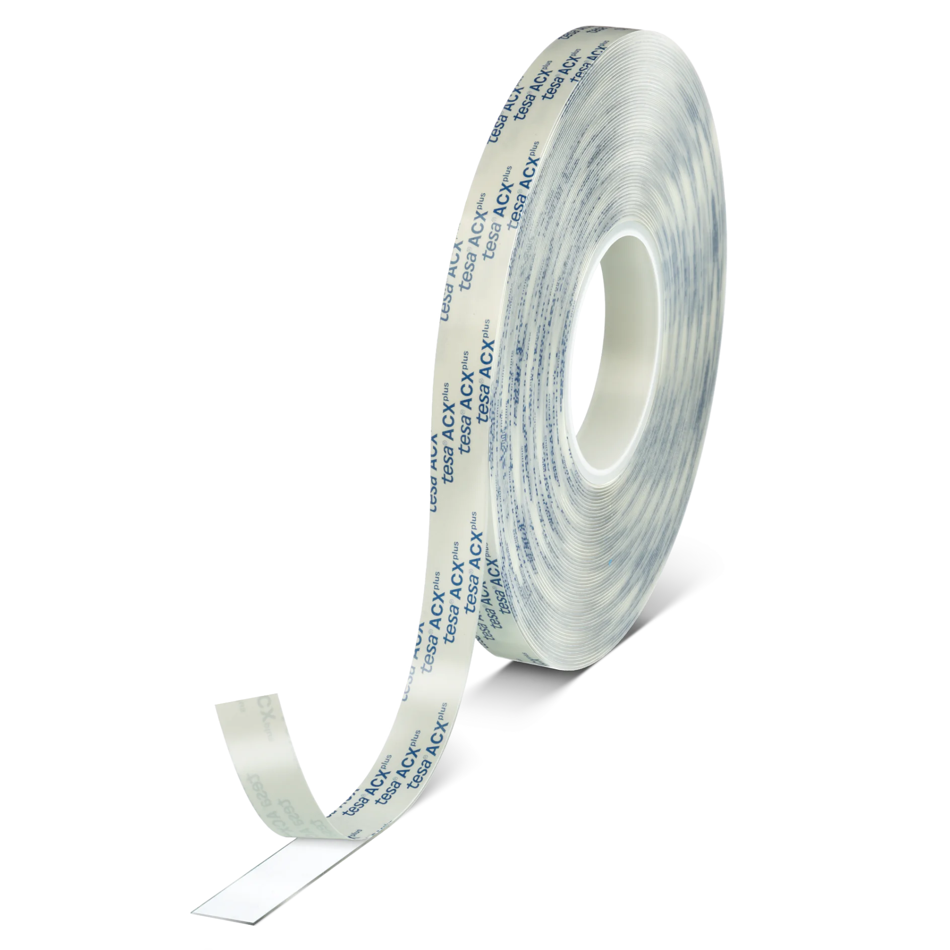 A roll of transparent adhesive tesa tape with printed text along the length. The tesa tape is partially unrolled and stands upright with the unrolled portion extending onto a flat surface. The inner part of the roll is white. (This text has been generated by AI)