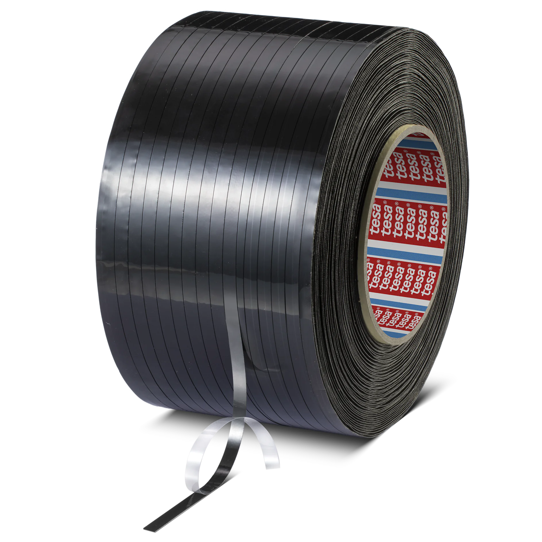 Large roll of black tesa adhesive tape with a small strip peeled off, displayed on a white background. (This text has been generated by AI)