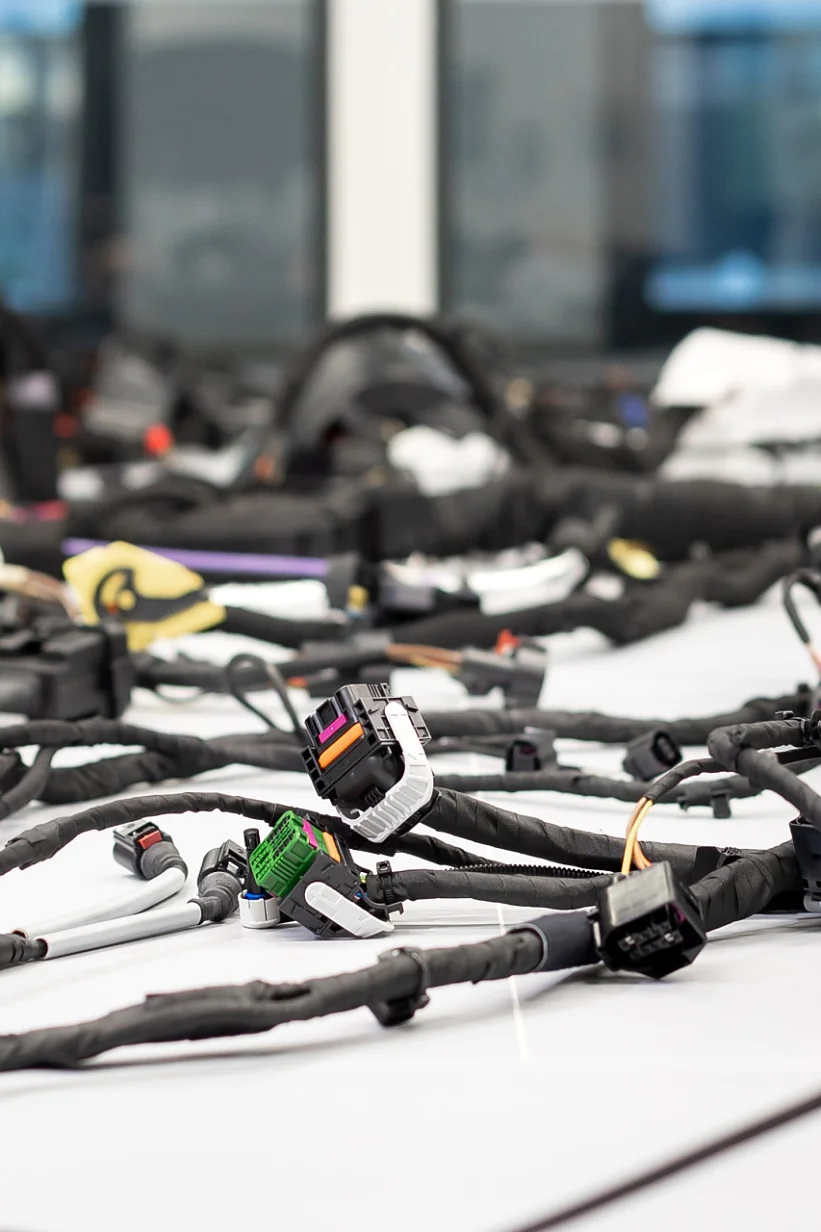 A large number of electronic cables and connectors are spread across a white table. The background shows blurred glass windows and a building exterior. The setup appears to be in a work or testing area for electronics, where tesa tape is likely used to secure or organize the cables effectively. (This text has been generated by AI)