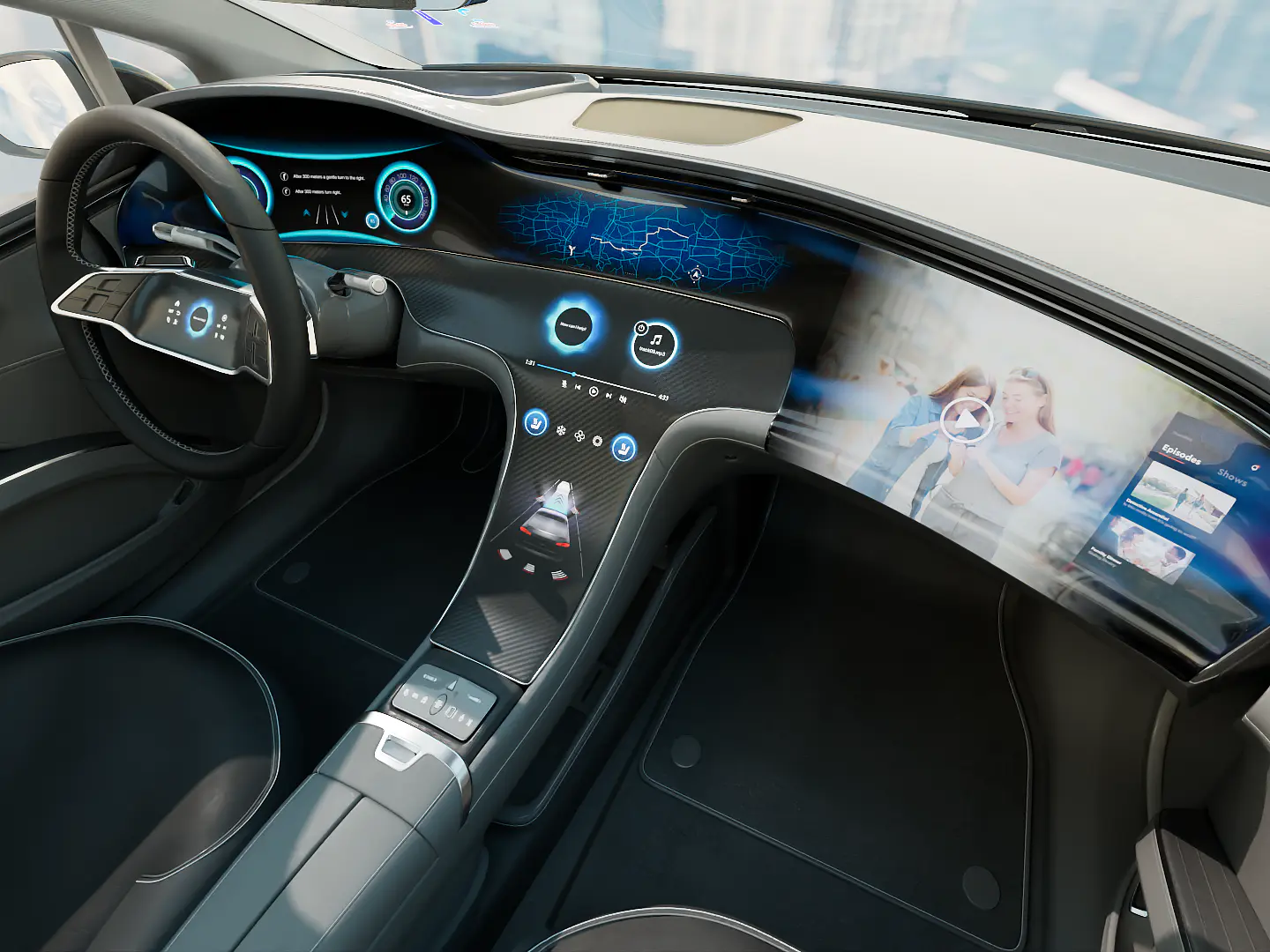 Futuristic car interior featuring a digital dashboard with two large screens displaying various controls and images. The steering wheel has built-in digital controls, and the cockpit design is sleek and modern.